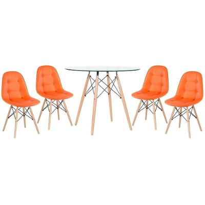 Kit - Mesa De Vidro Eames 90 Cm + 4 Cadeiras Eames Botonê Laranja Cadeiras Laranja