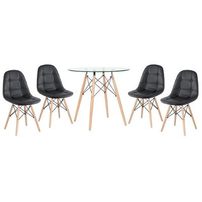 Kit - Mesa De Vidro Eames 80 Cm + 4 Cadeiras Eames Botonê Preto Preto