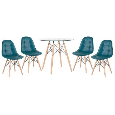 Kit - Mesa De Vidro Eames 80 Cm + 4 Cadeiras Eames Botonê Turquesa Turquesa