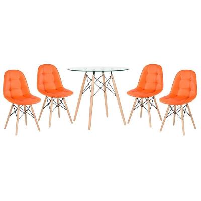 Kit - Mesa De Vidro Eames 80 Cm + 4 Cadeiras Eames Botonê Laranja Laranja