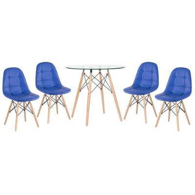 Kit - Mesa De Vidro Eames 80 Cm + 4 Cadeiras Eames Botonê Azul Azul