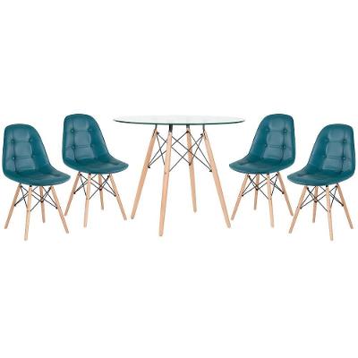 Kit - Mesa De Vidro Eames 90 Cm + 4 Cadeiras Eames Botonê Turquesa Cadeiras Turquesa