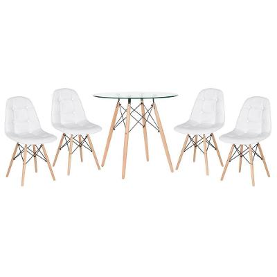 Kit - Mesa De Vidro Eames 80 Cm + 4 Cadeiras Eames Botonê Branco Branco
