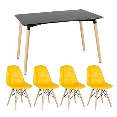 Kit - Mesa Retangular Eames 80 X 140 Cm Preto + 4 Cadeiras Botonê Amarelo Mesa Preto Com Cadeiras Amarelo