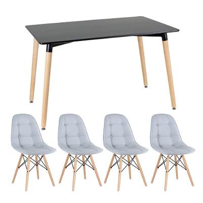 Kit - Mesa Retangular Eames 80 X 140 Cm Preto + 4 Cadeiras Botonê Cinza Claro Mesa Preto Com Cadeiras Cinza Claro