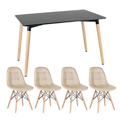 Kit - Mesa Retangular Eames 80 X 120 Cm Preto + 4 Cadeiras Botonê Nude Mesa Preto Com Cadeiras Nude