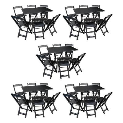 Kit 5 Conjuntos De Mesa Dobráveis De Madeira 70x110cm Com 6 Cadeiras Preta
