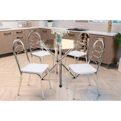 Sala De Jantar Volga Tampo De Vidro 95x95cm E 4 Cadeiras Holanda Cromada Branco