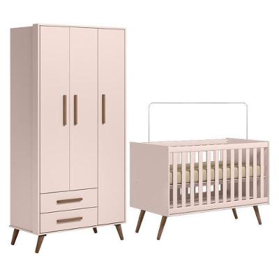 Jogo De Quarto Infantil Q Encanto Retrô Com Guarda Roupa E Berço Rosa - Qmovi Rosa