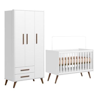 Jogo De Quarto Infantil Q Encanto Retrô Com Guarda Roupa E Berço Branco Acetinado - Qmovi Branco Acetinado