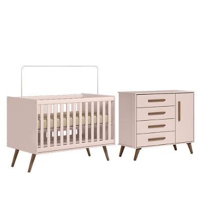 Jogo De Quarto Infantil Q Encanto Retrô Com Cômoda E Berço Rosa - Qmovi Rosa