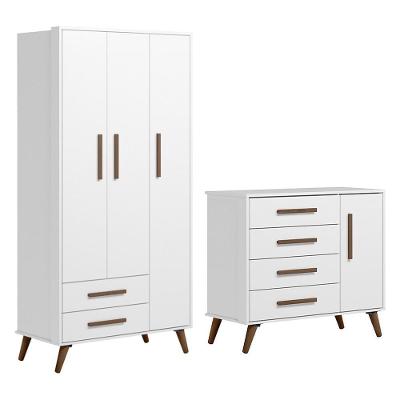 Jogo De Quarto Infantil Q Encanto Retrô Com Guarda Roupa E Cômoda Branco Acetinado - Qmovi Branco Acetinado