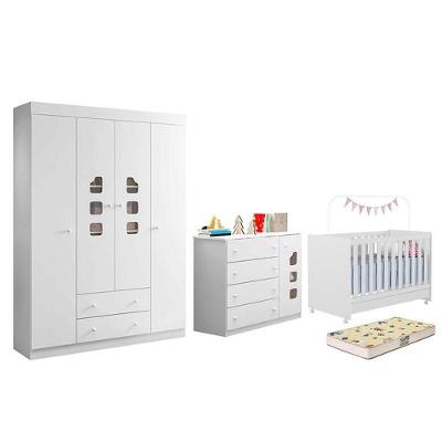 Dormitório Lívia Guarda Roupa, Cômoda E Berço Encanto Branco Com Colchão Supreme - Phoenix Baby Branco