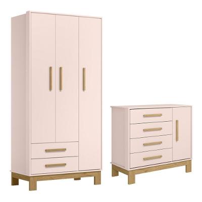 Jogo De Quarto Infantil Q Encanto Slim Guarda Roupa E Cômoda 1 Porta Rosa Acetinado - Qmovi Rosa Acetinado