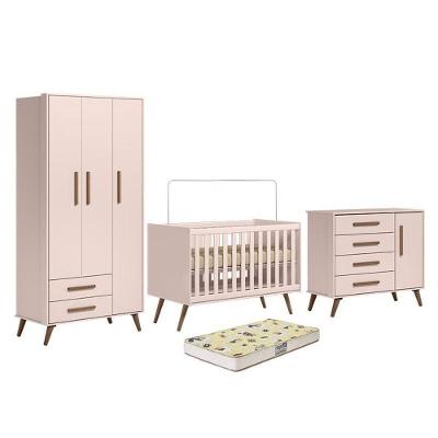 Dormitório Infantil Q Encanto Retrô Guarda Roupa, Cômoda E Berço Rosa Com Colchão Supreme - Qmovi Rosa