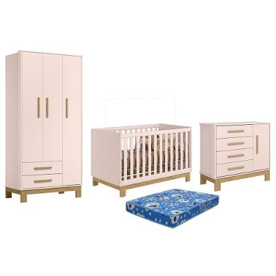 Dormitório Q Encanto Slim Guarda Roupa, Cômoda E Berço Rosa Acetinado Com Colchão Baby Physical - Qmovi Rosa Acetinado