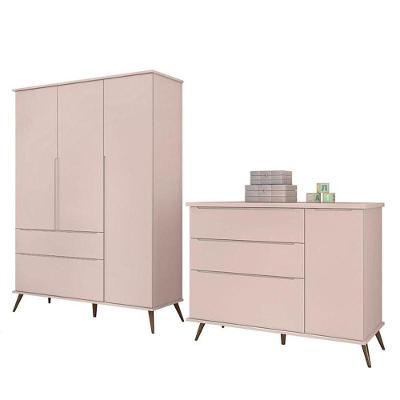 Jogo De Quarto Infantil Retrô Melinda Guarda Roupa E Cômoda Com Porta Rosê - Phoenix Baby Rosê