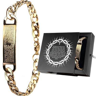 Pulseira Masculina Oração Pai Nosso Aço Banhada Ouro Original Catolica Moda Masculina Social Casual