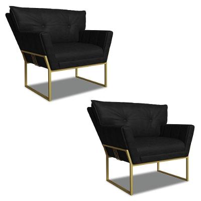 Poltrona Sala Industrial Dourado Kit 2 Anitta Sintético Pu Preto D03 - D'rossi