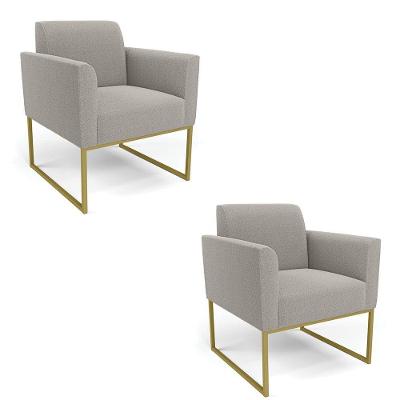 Poltrona Sala Estar Industrial Dourado Kit 2 Marisa Bouclê Cinza D03 - D'rossi