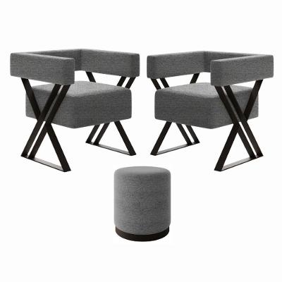 Kit 2 Poltrona E Puff Decorativo Kira Estilo Industrial Linho Cinza