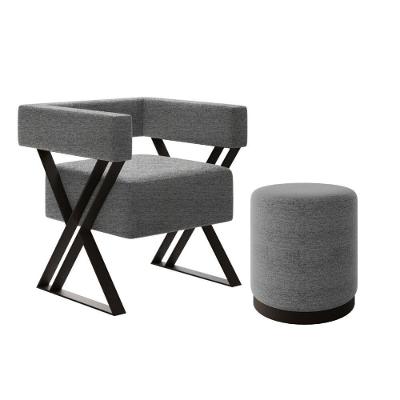 Kit Poltrona E Puff Decorativa Frida Estilo Industrial Linho Cinza