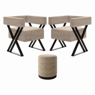 Kit 2 Poltrona E Puff Decorativo Kira Estilo Industrial Linho Bege