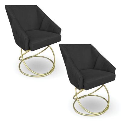 Kit 2 Poltronas Luxo Alana Suede Preto Base De Ferro Dourado - Pallazio