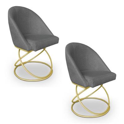 Kit 02 Cadeiras Poltrona De Jantar Bela Linho Grafite Base Metálica Luxo Dourado - Pallazio