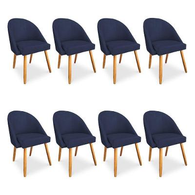 Kit 8 Cadeiras De Jantar Bela Veludo Azul Marinho Pés Palito Castanho - Pallazio