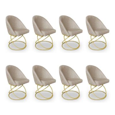 Kit 08 Cadeiras Poltrona De Jantar Bela Linho Bege Base Metálica Luxo Dourado - Pallazio