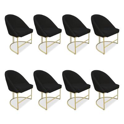 Kit 08 Cadeiras Poltrona De Jantar Bela Veludo Preto Base Metálica Industrial Dourado - Pallazio