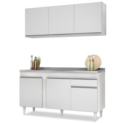 Armário Aéreo Argélia E Balcão Gabinete Com Pia Inox 150cm Dakota Branco - Lumil