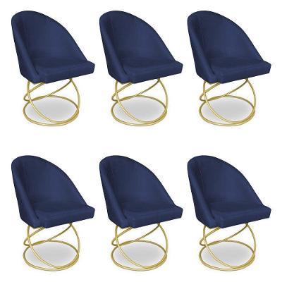 Kit 06 Cadeiras Poltrona De Jantar Bela Veludo Azul Marinho Base Metálica Luxo Dourado - Pallazio