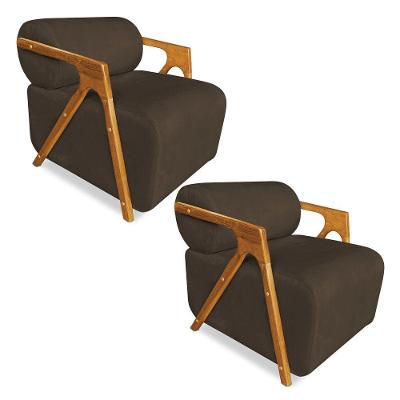 Kit 02 Poltronas Decorativa Marselha Veludo Preto Base De Madeira - Pallazio