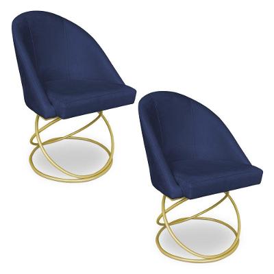 Kit 02 Cadeiras Poltrona De Jantar Bela Veludo Azul Marinho Base Metálica Luxo Dourado - Pallazio