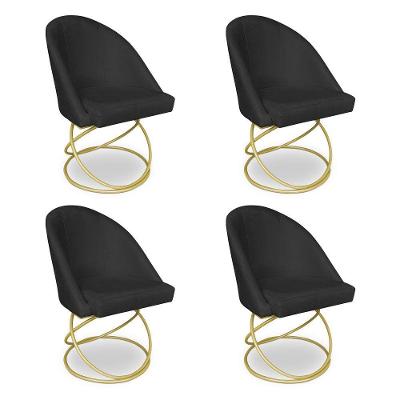 Kit 04 Cadeiras Poltrona De Jantar Bela Veludo Preto Base Metálica Luxo Dourado - Pallazio