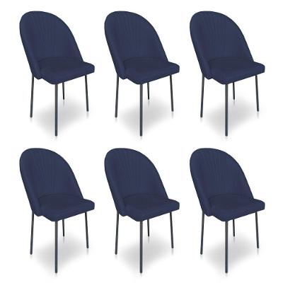 Kit 6 Cadeiras Poltrona De Jantar Ariel Suede Azul Marinho Pés De Ferro Preto - Pallazio
