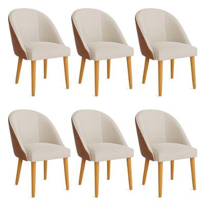 Kit 06 Cadeiras Poltrona De Jantar Bela Corano Nozes E Linho Pés Palito Castanho - Pallazio Cor Bege