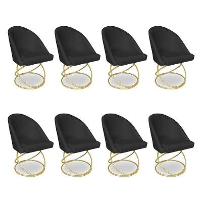 Kit 08 Cadeiras Poltrona De Jantar Bela Veludo Preto Base Metálica Luxo Dourado - Pallazio