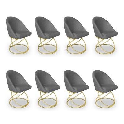 Kit 08 Cadeiras Poltrona De Jantar Bela Linho Grafite Base Metálica Luxo Dourado - Pallazio