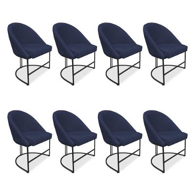 Kit 08 Cadeiras Poltrona De Jantar Bela Suede Azul Marinho Base Metálica Industrial Preto - Pallazio