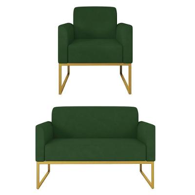 Kit Namoradeira E 1 Poltrona Decorativa Base Industrial Dourada Maressa S23 Suede Verde - Ibiza