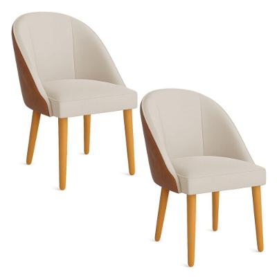 Kit 02 Cadeiras Poltrona De Jantar Bela Corano Nozes E Linho Bege Pés Palito Castanho - Pallazio