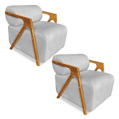 Kit 02 Poltronas Decorativa Marselha Veludo Cinza Base De Madeira - Pallazio