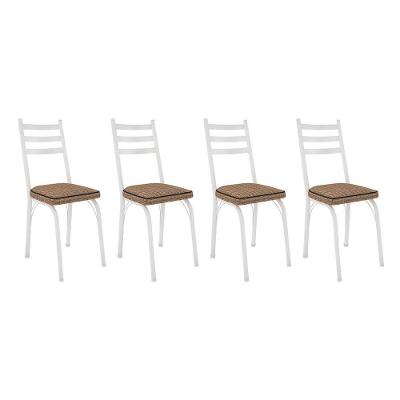 Kit 4 Cadeiras De Cozinha Luisiana Estampado Rattan Bege Pés De Ferro Branco - Pallazio