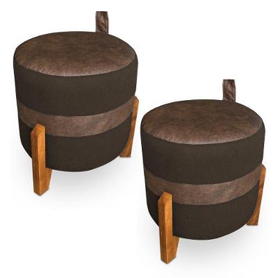 Kit 02 Puffs Le Mans Veludo Marrom E Corano Nozes Base De Madeira - Pallazio