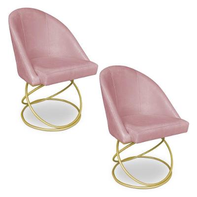 Kit 02 Cadeiras Poltrona De Jantar Bela Veludo Rosê Base Metálica Luxo Dourado - Pallazio