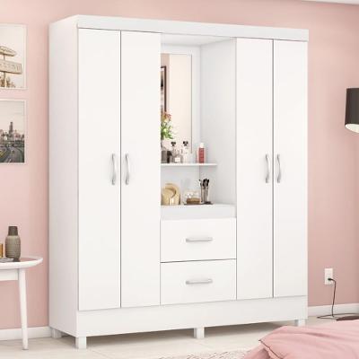 Guarda Roupa Solteiro 4 Portas Com Espelho E 2 Gavetas Loanda - Branco Rosa
