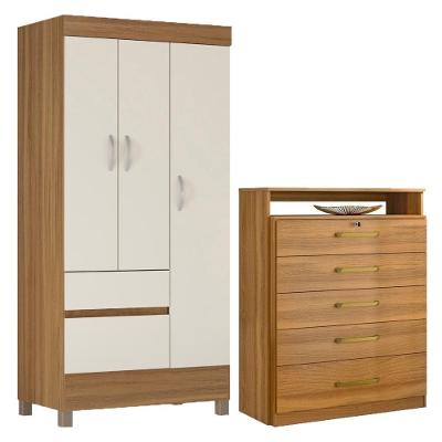 Kit Guarda Roupa Solteiro 3 Portas Wind Cômoda Triunfo - Amêndola Touch Off White